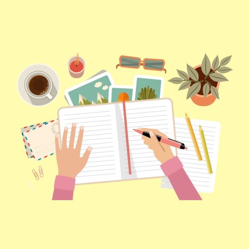 Illustration of someone sitting at a desk writing in a notepad surrounded by office supplies and a coffee cup. Image perspective is from above.
