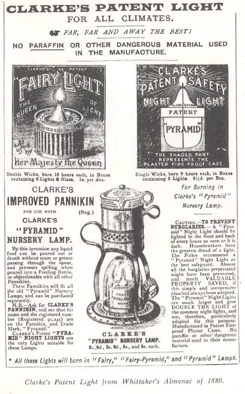 Ad for original Clarke's Fairy Lamp