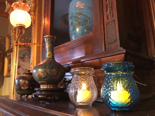 Fairy lamps on fireplace mantle