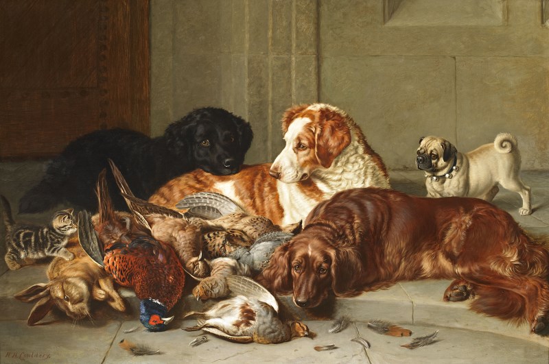 Image of Couldery painting called The Gamekeepers. Several dogs relaxing after a hunt with their game and a curious kitten investigating. 