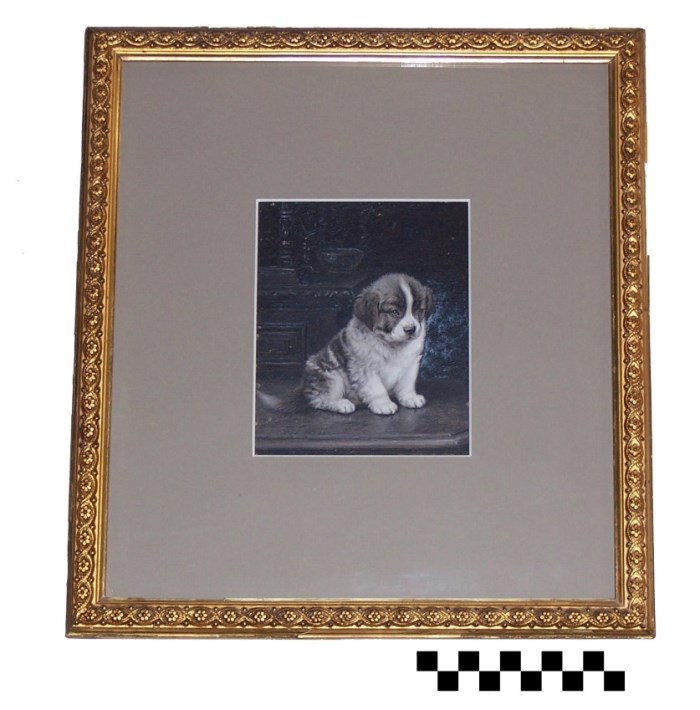 Greyscale small painting of a St. Bernard puppy by Horatio Couldery