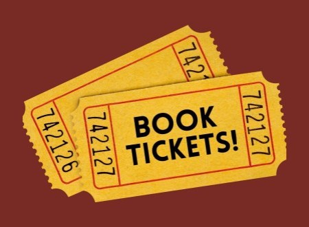 Graphic with yellow ticket which says Book Tickets on it