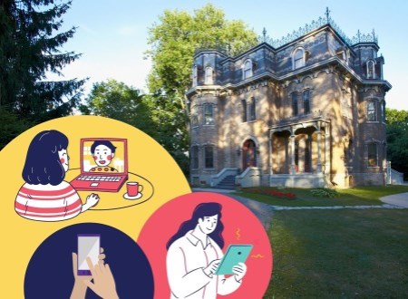 Exterior view of Glanmore with illustrations of people talking on a computer, using a smartphone and using a tablet