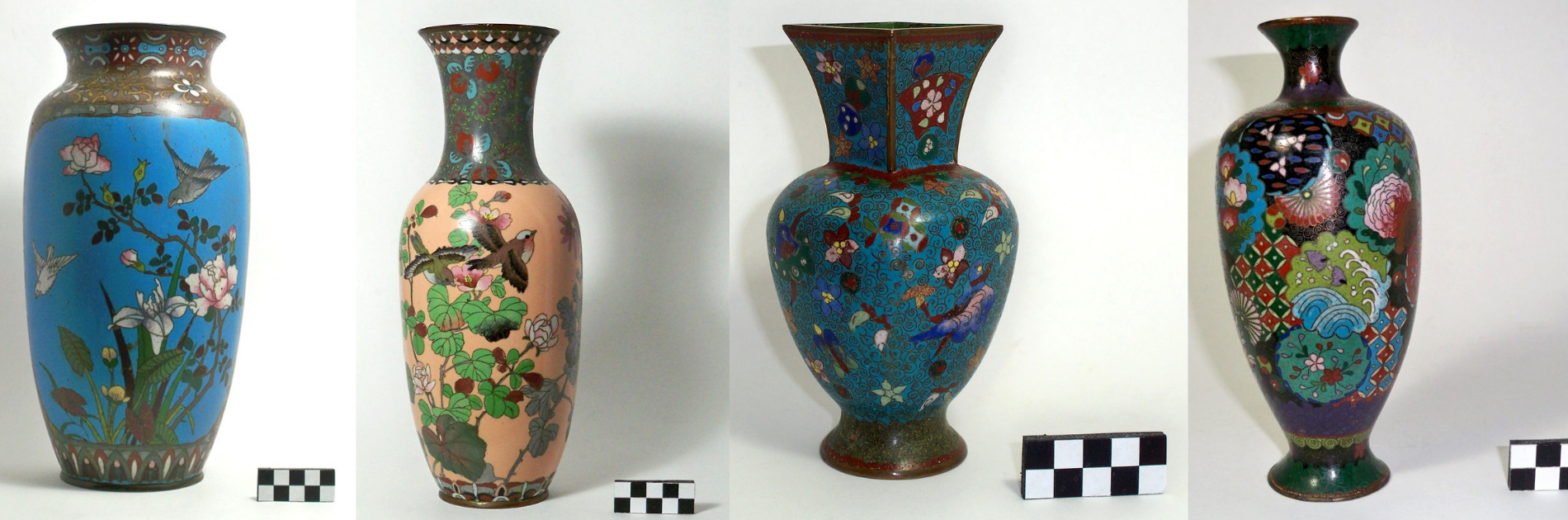 Four images of various cloisonne vases.