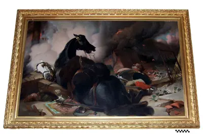 Copy painting attributed to Bertram Couldery of Time of War by Sir Edwin Landseer, depicting a chaotic scene of ruin centering on a large black horse. 