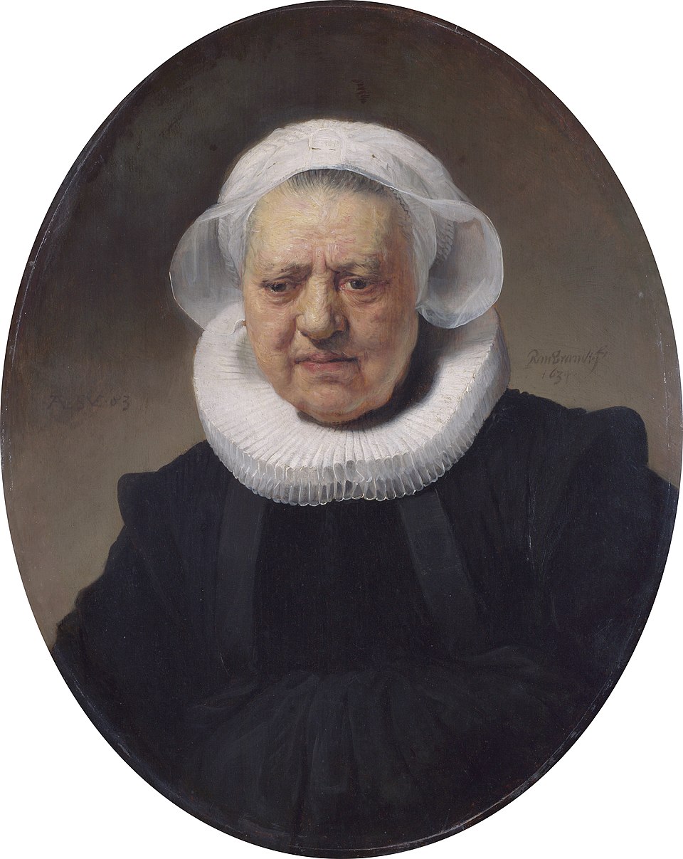 Oil painting of an old woman wearing a white neck frill, by Rembrandt Harmensz Van Rijn in the collection of the National Gallery, London, UK.