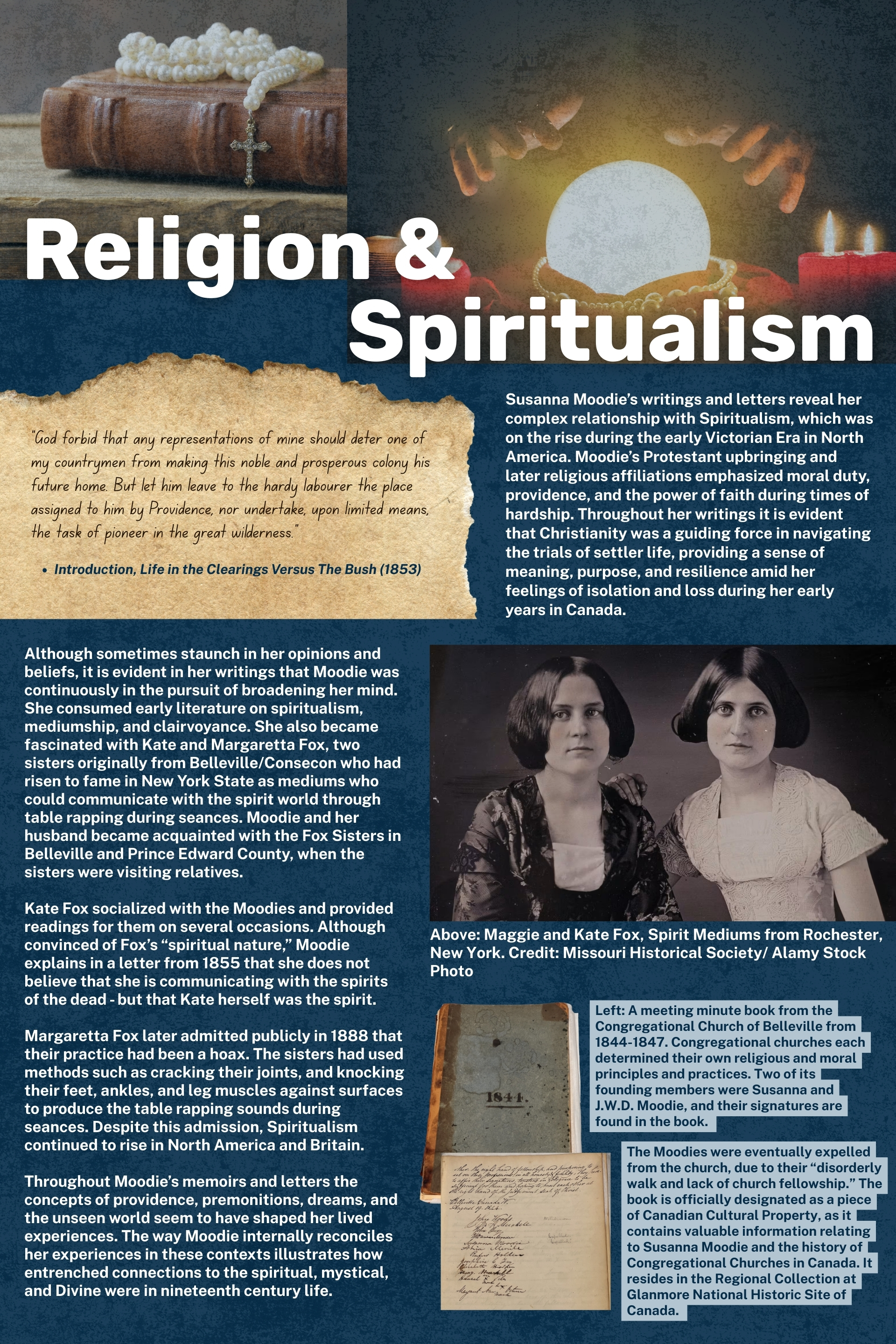 Interpretive panel with images of the Fox sisters and a photo of the Congregational Church book from Glanmore's Regional Collection.