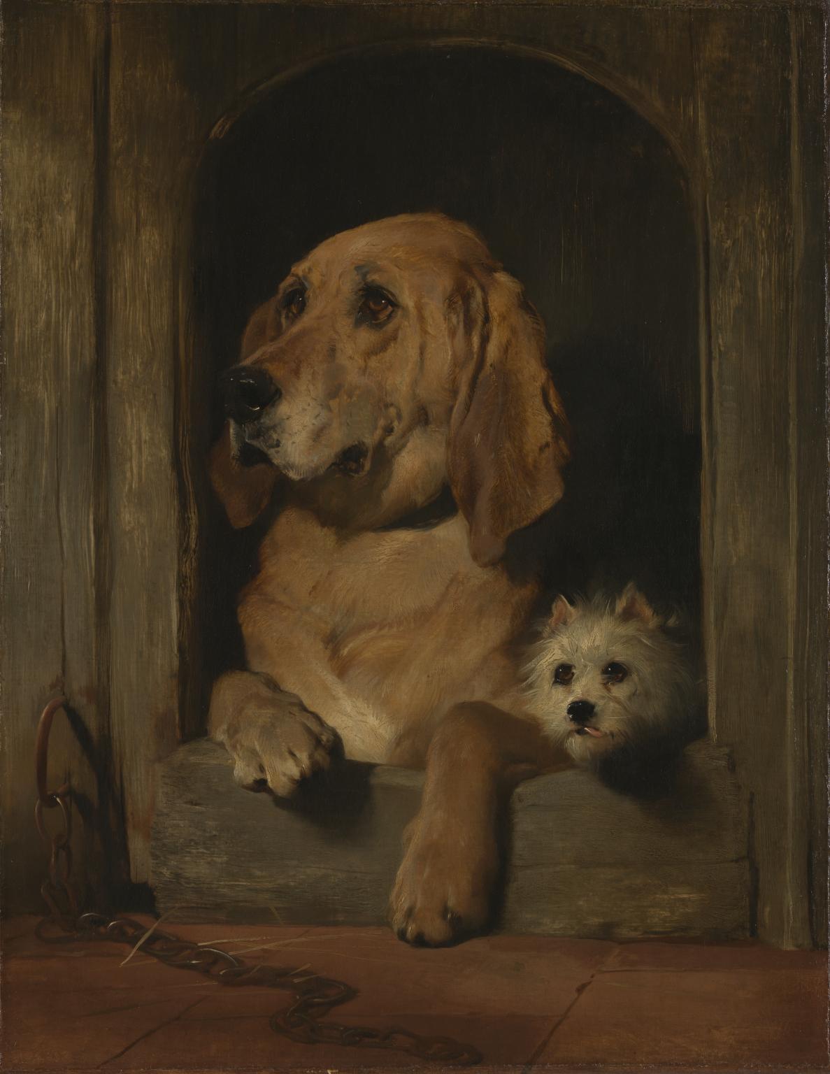 An oil painting by Sir Edwin Landseer of a blood hound and a small white dog. The painting is known as "Dignity and Impudence."