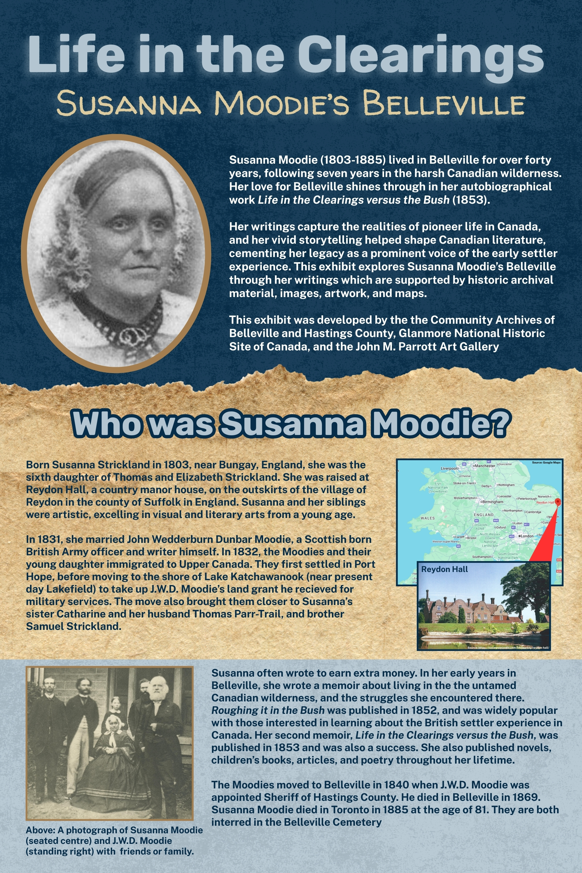 Interpretive panel with a photo of Susanna moodie, a map showing the location of Reydon Hall, and an image of Susanna and her family on the front porch of her Belleville home