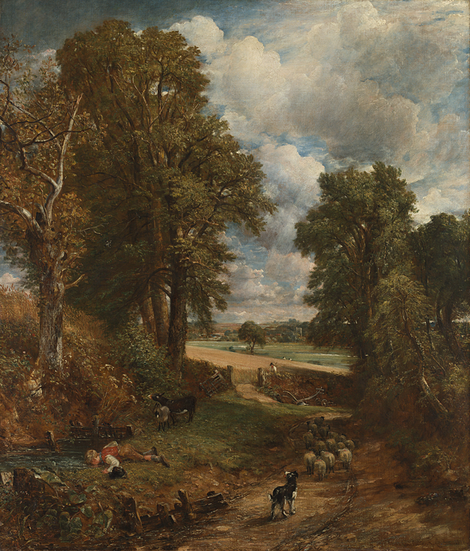 Copy oil painting attributed to Bertram Couldery. A copy of The Cornfield by John Constable, depicting a dog following sheep down a path while looking at a boy.