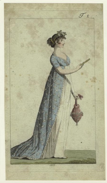 A woman wearing a blue dress and carrying a reticule, illustration circa 1803.