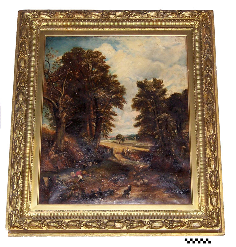 A copy painting attributed to Bertram Couldery of an original by John Constable known as The Cornfield. It features a boy leaning over to drink from a stream in the foreground with a cornfield and large trees in the background. and clouds.