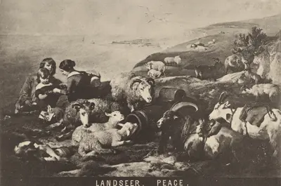 A black and white version of Time of Peace by Sir Edwin Landseer, depicting a peaceful scene of three people sitting surrounded by farm animals. In the background is a seascape and large cliffs.