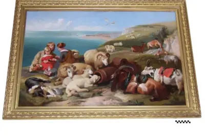 A large oil painting which is a copy of "Time of Peace," by Sir Edwin Landseer, depicting a peaceful scene of three people sitting surrounded by farm animals. There is a seascape and cliffs in the background. The copy is attributed to Bertram Couldery.
