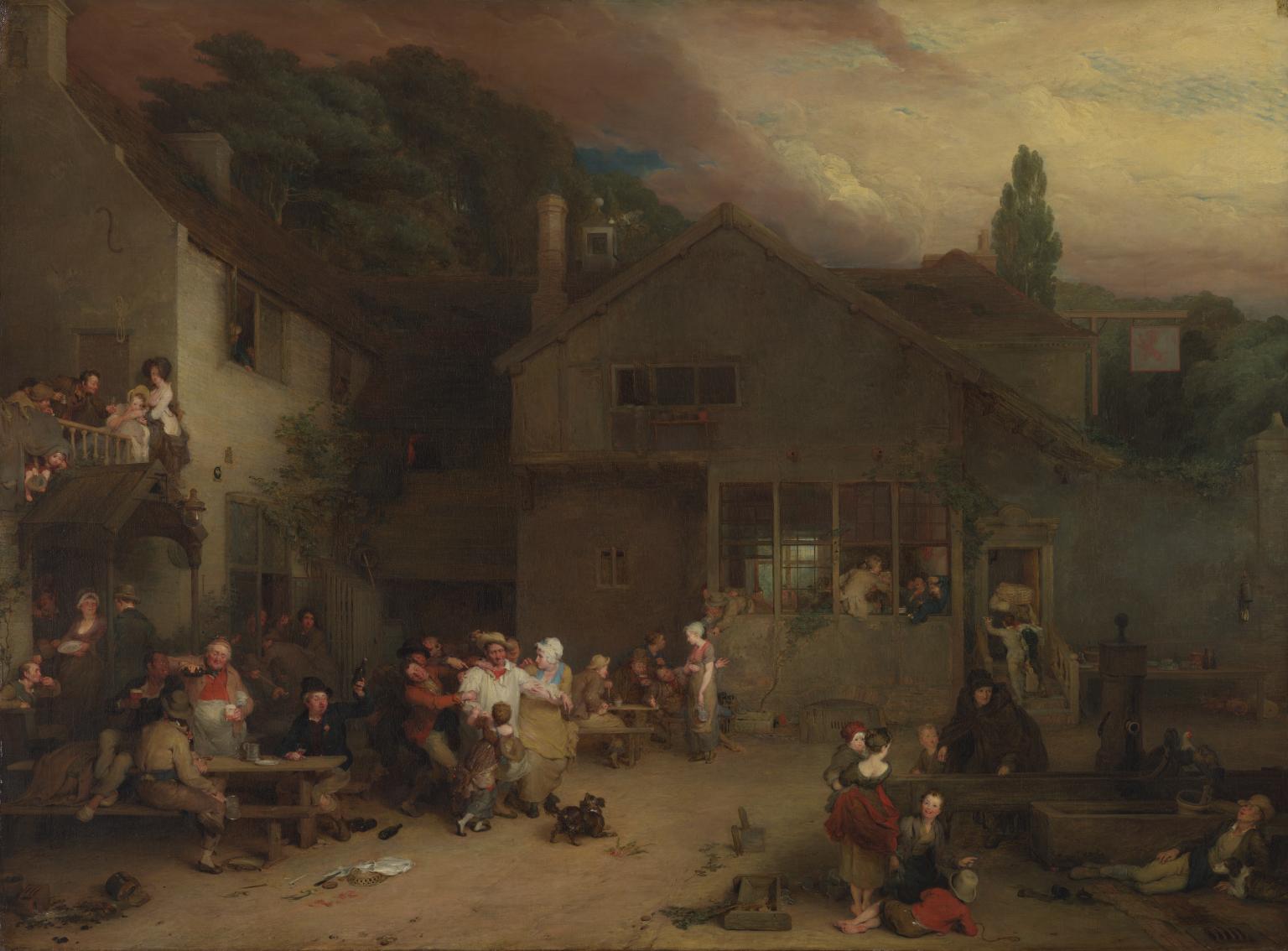 An oil painting showing a group of people gathered outside of a tavern. The Village Holiday by Sir David Wilkie from the collection of the Tate Britain. 
