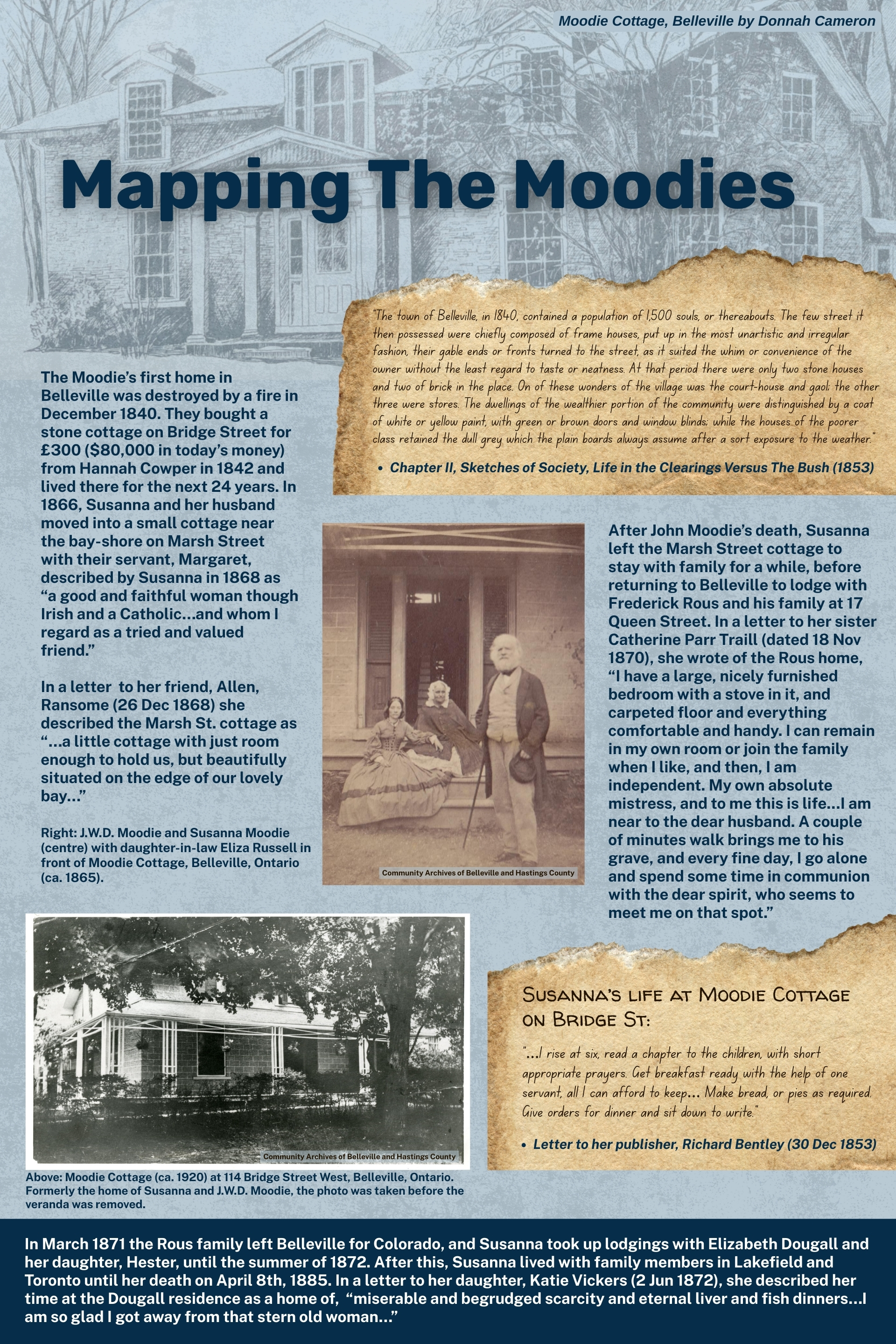 Interpretive panel with a drawing of Moodie Cottage in Belleville, a photo of the Moodies on the front porch of their cottage, and a photograph of Moodie cottage
