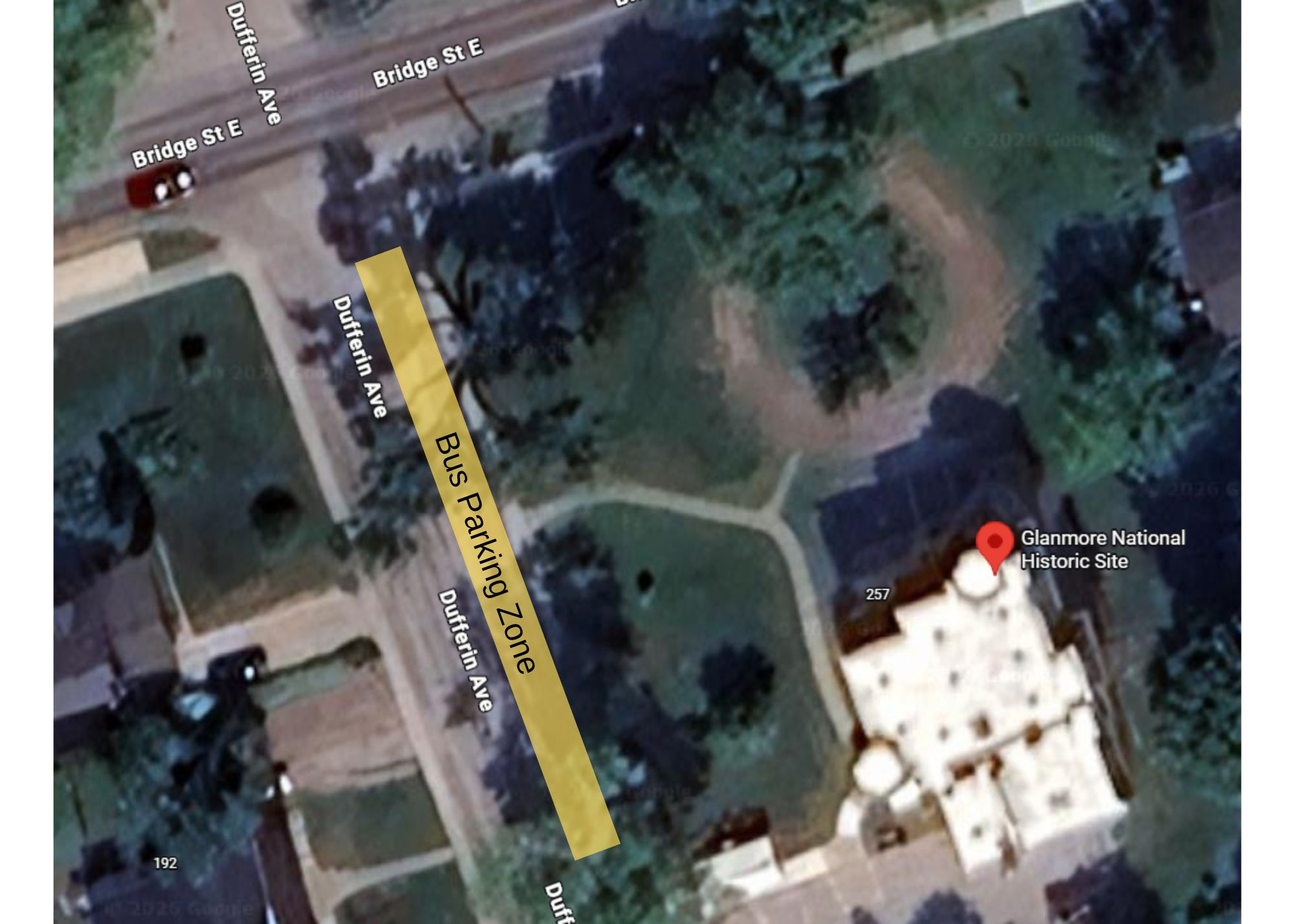 an overhead map of the Glanmore grounds indicating bus parking zone