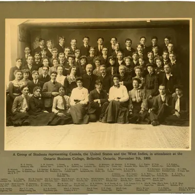 A group of students from the Ontario Business College in Belleville in 1903. Cecilie Salomon, a student from Trinidad is in the front centre. 