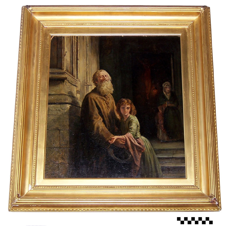 An oil painting in an elaborate gold frame. This copy, attributed to Bertam Couldery is of The Blind Beggar by Josephus L. Dyckmans, depicting a blind old man holding a hat out beside a girl.