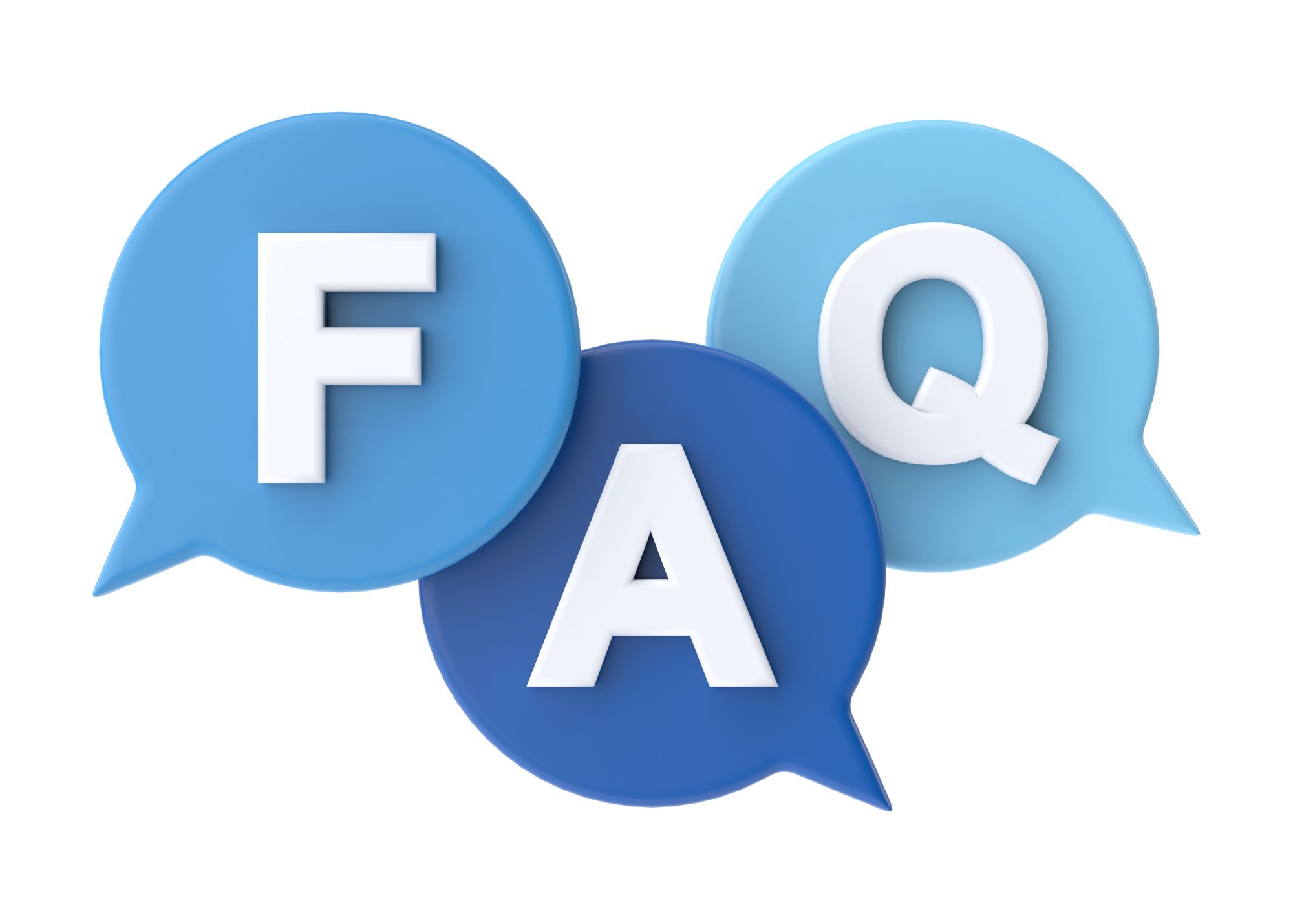 A graphic of three blue speech bubbles grouped together to spell FAQ.