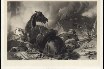 A black and white version of Time of War by Sir Edwin Landseer, depicting a chaotic scene of ruin centering on a large black horse.