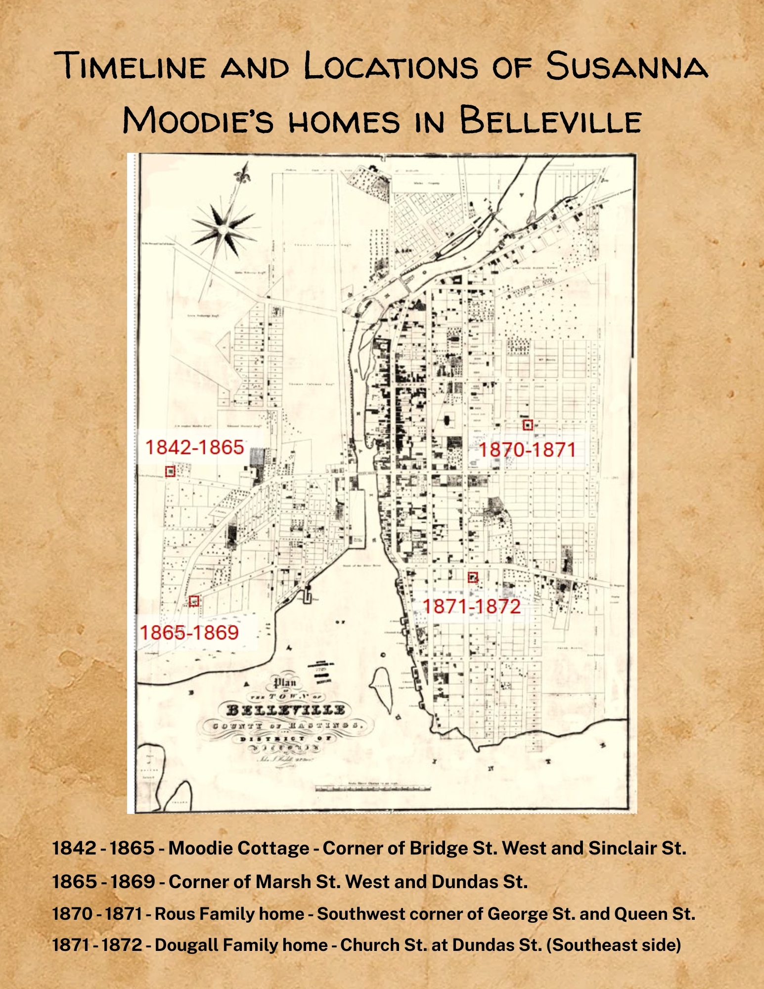 A historic map of Belleville showing the different locations of Susanna Moodie's homes