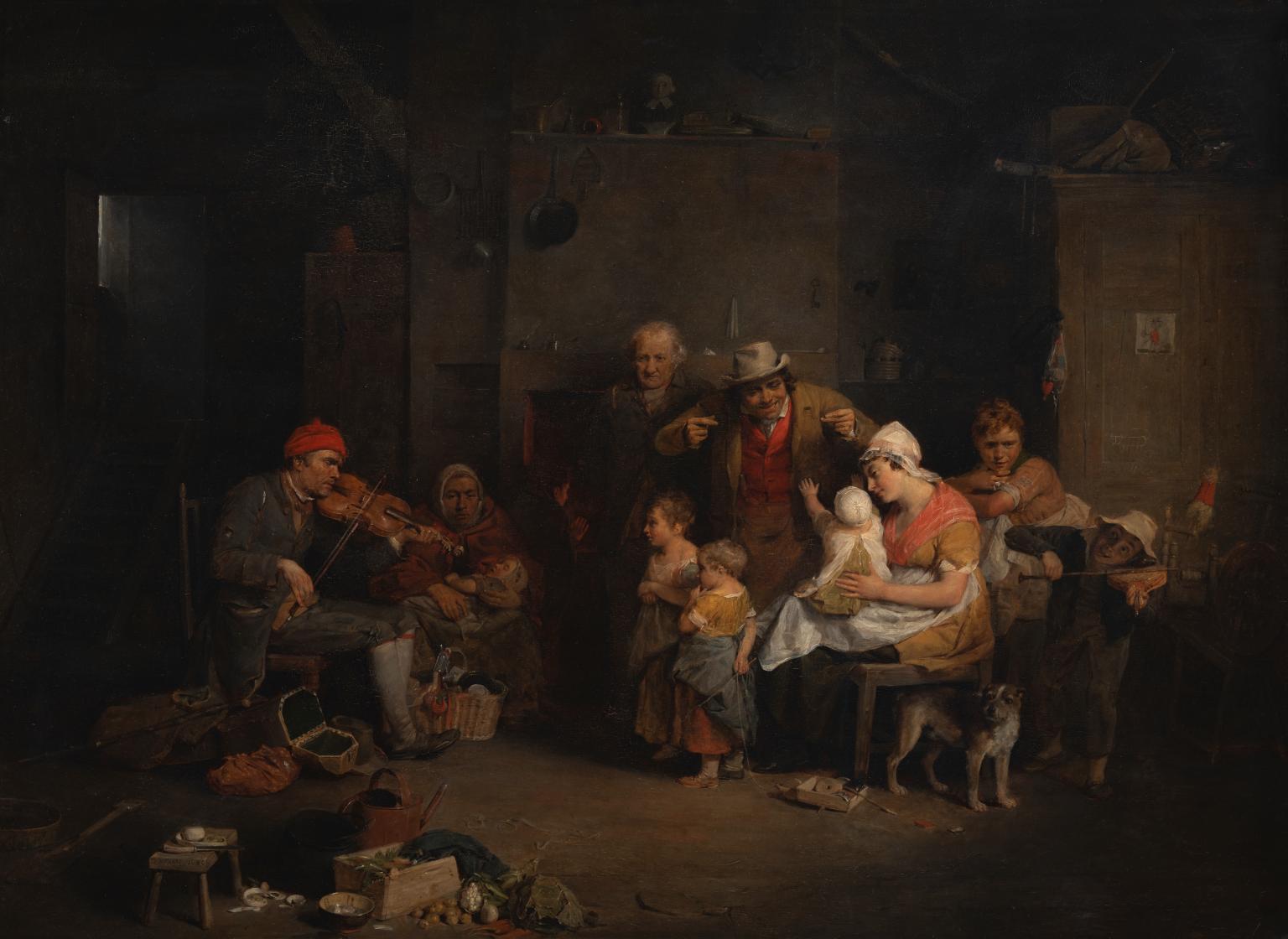 An oil painting depicting a man playing the fiddle in front of a group of people. The Blind Fiddler, by Sir David Wilkie is from the collection of the Tate Britain. 