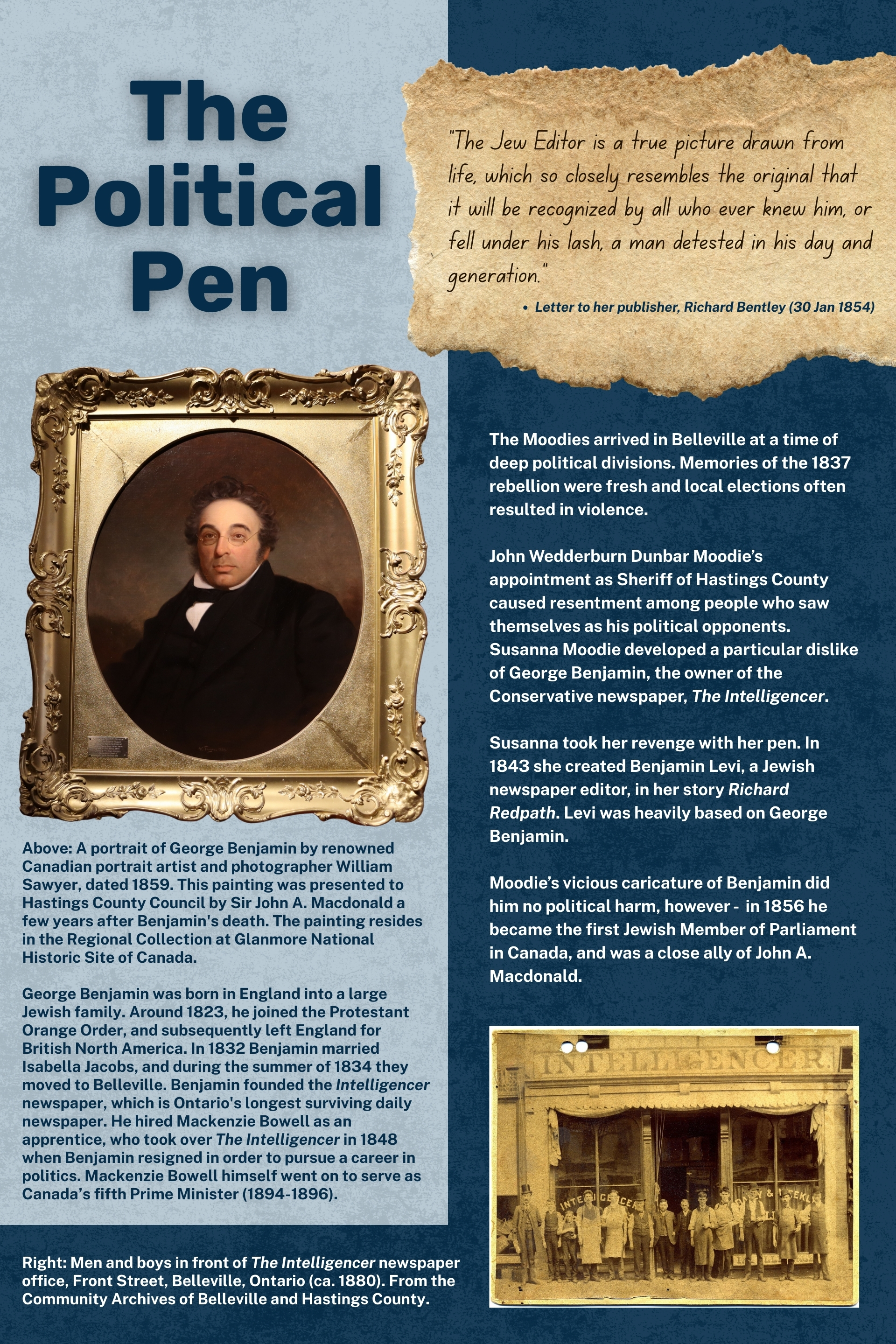 Interpretive panel with an image of a William Sawyer portrait of George Benjamin and a historic photo of employees standing outside of the old Intelligencer building ca. 1880