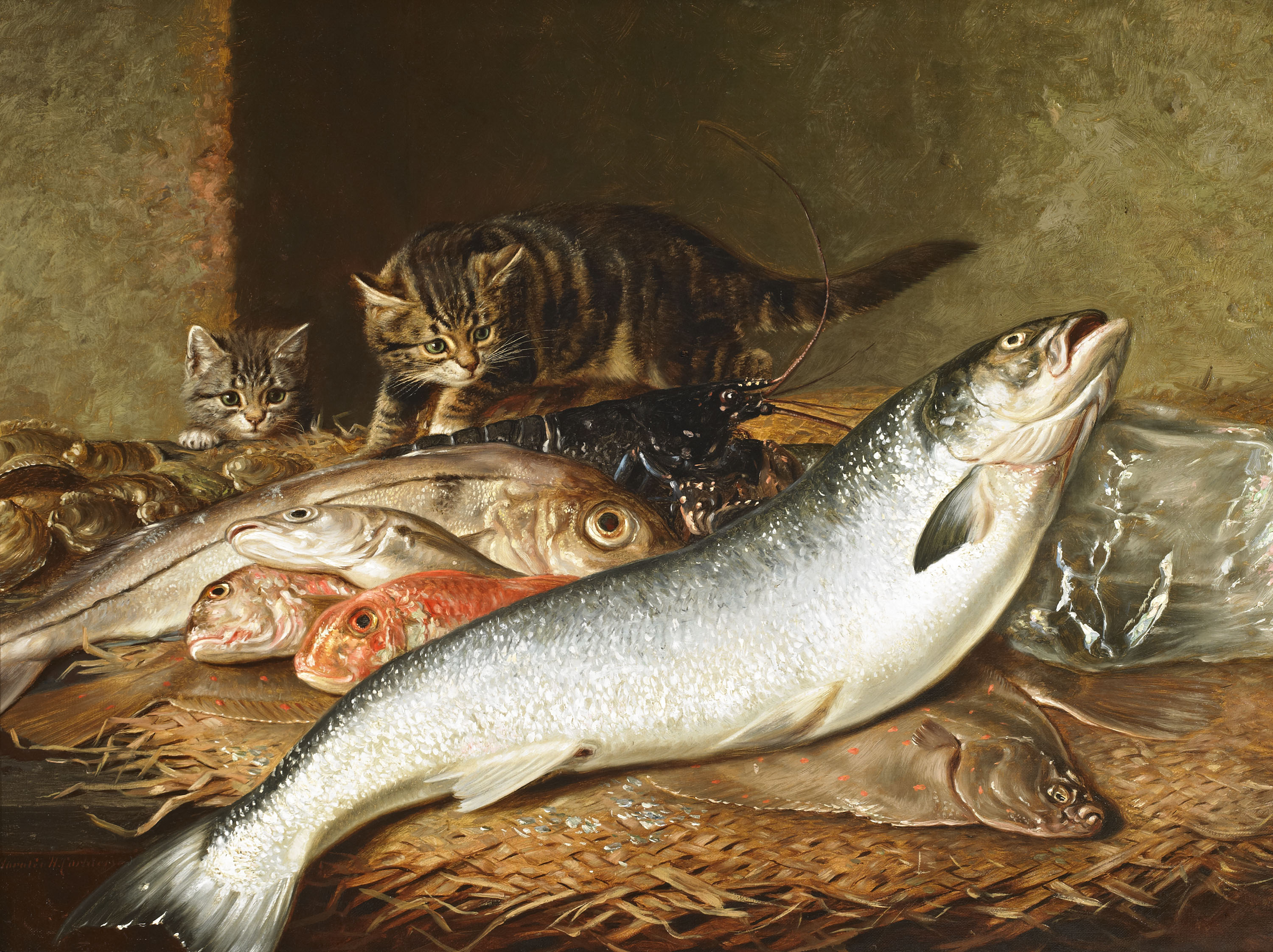 Tthree tabby cats looking at a fish that is lying on a block of ice. An oil painting by Horatio Couldery.  