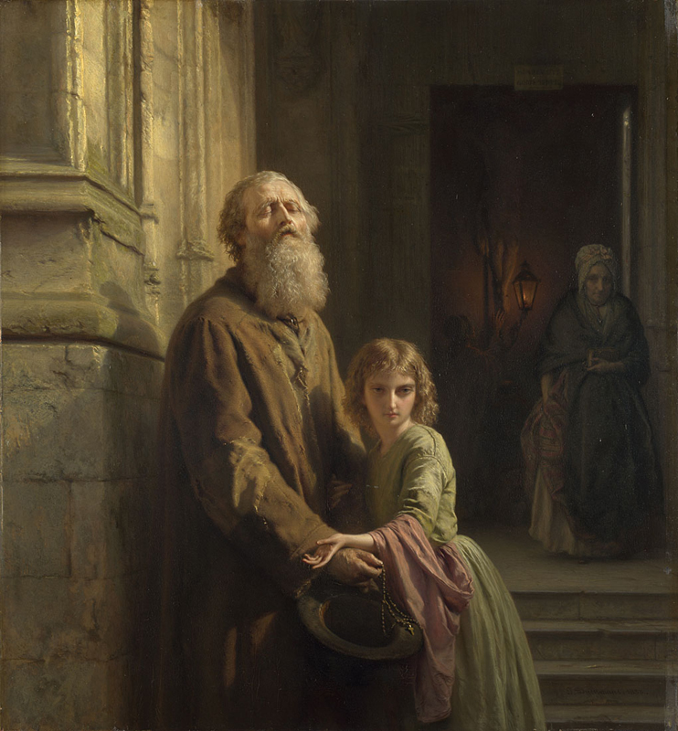 An oil painting in an elaborate gold frame. This copy, attributed to Bertam Couldery is of The Blind Beggar by Josephus L. Dyckmans, depicting a blind old man holding a hat out beside a girl.