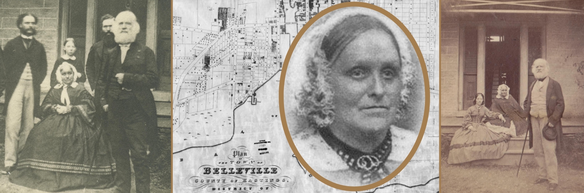Photo collage: Susanna Moodie's face, a historic map of Belleville and two photos of Susanna Moodie and family on the front porch of Moodie cottage, and an 1845 map of Belleville