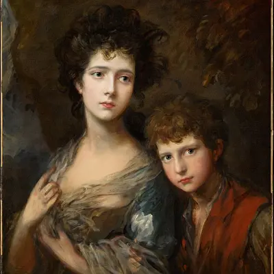 An oil painting of young boy, Thomas Linley, leaning on woman, Elizabeth Linley painted by Thomas Gainsborough and in the collection of the Clark Art Institute in Williamstown, Massachusetts, USA